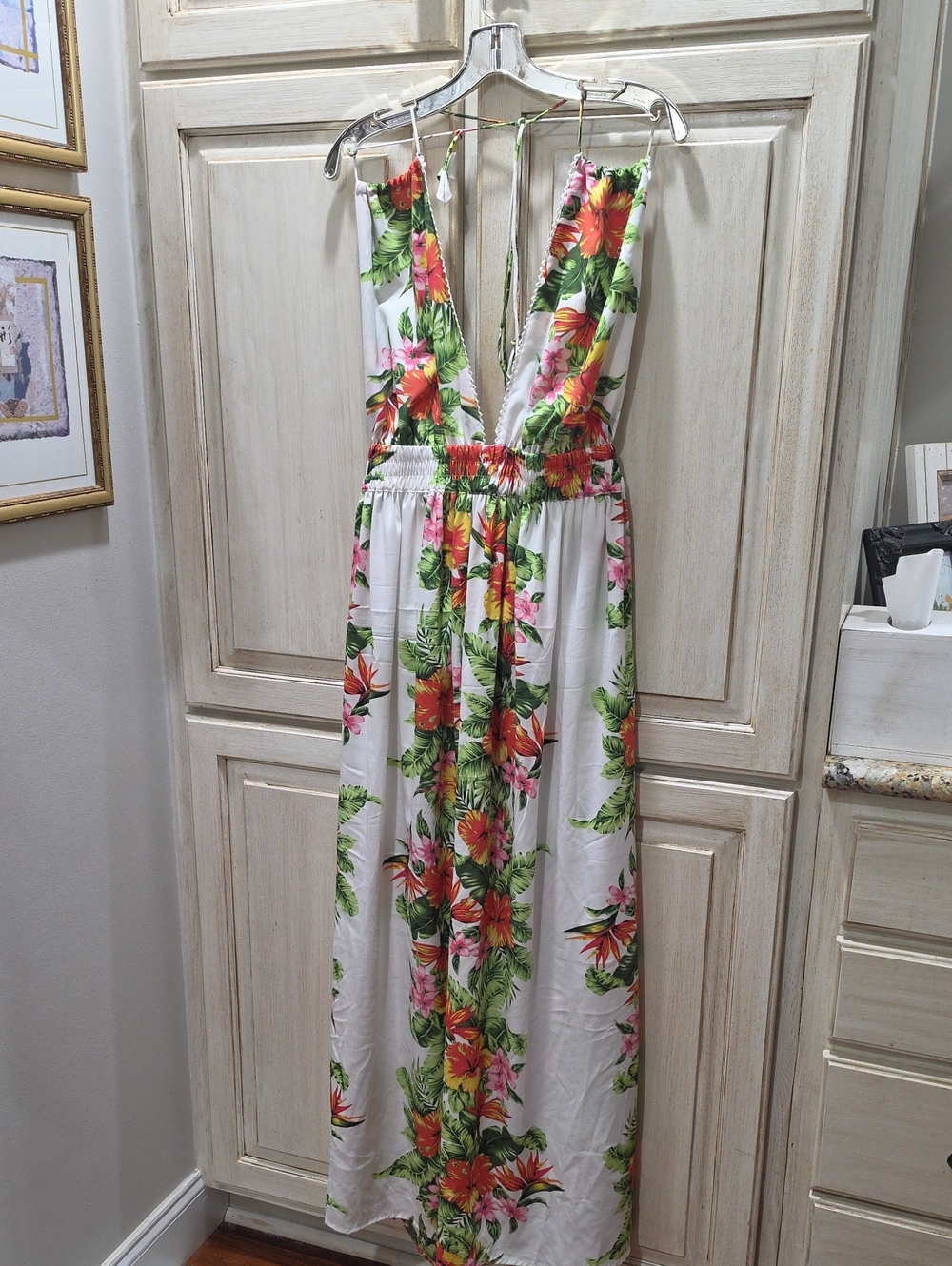 White Tropical Floral Maxi Dress with Pink & Green Accents